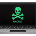 Silver laptop hacked by hacker with skull and crossbones on screen. Computer security, reliability of data storage in network. Installation of security programs. Vector
